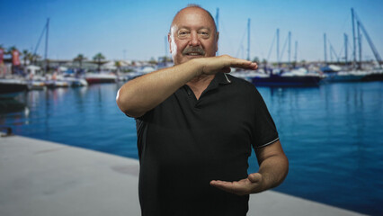 Fototapeta premium Senior hispanic man holds hands level in a horizontal measuring gesture on a street beside a marina with boats and water; serenity measurement.