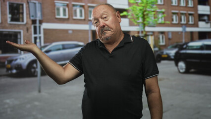 Fototapeta premium Senior man holds open palm gesture on urban street beside parked cars and brick apartment building; resignation contemplation.
