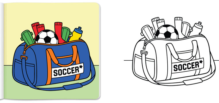 Sports duffle bag with soccer gear, ball, socks, shin guards, and water bottle, cartoon vector illustration and black and white coloring book outline page