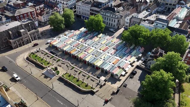Aerial view of Norwich Market with colorful stalls, Norfolk, United Kingdom