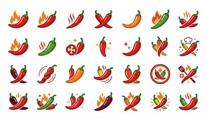 Obraz premium Spicy Chili Pepper Icon Collection with Fire Hot Food Symbol Variations