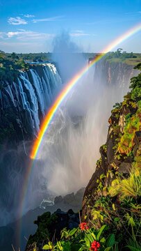 A vibrant rainbow arches over the misty expanse of Victoria Falls.