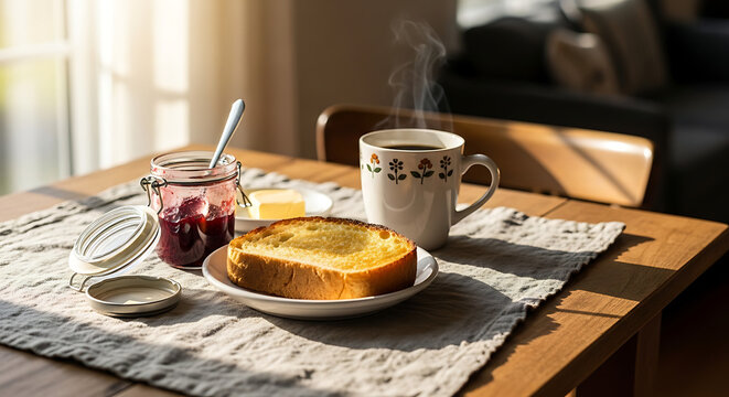 Toasted bread with jam and coffee during warm morning sunlight with steam rising