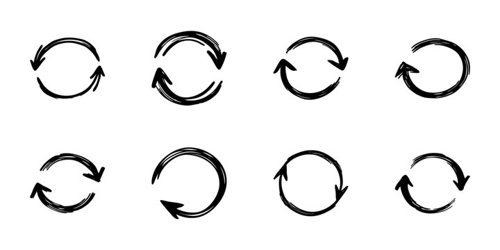 Hand Drawn Circular Arrow Icons In Brush Stroke Style Set. Recycling, Refresh, And Renewal Concept Doodle Sketch Collection. Loop And Cycle Representation. Isolated Vector Illustration