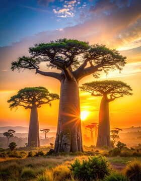 Majestic baobab trees stand tall against a vibrant sunset.