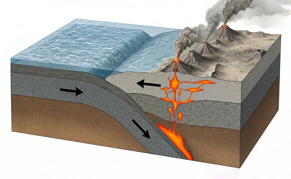Geological model of volcanism at convergent boundaries (subduction).