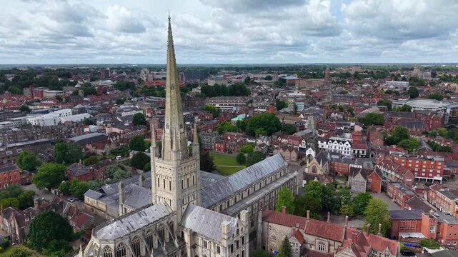 Aerial view of historic Norwich Cathedral, Norfolk, United Kingdom