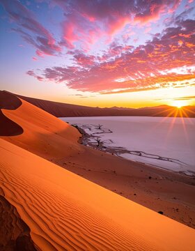A breathtaking sunset paints the Namibian desert sky with vibrant hues over the iconic Deadvlei.