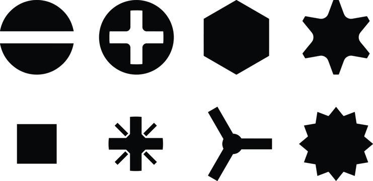 Drive Head Screw and Fastener Profile Icons Set with Slot Phillips Hex Torx and Square Shapes