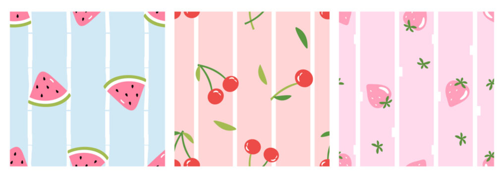 Cute fruit seamless pattern collection with watermelon, cherries and strawberries on pastel striped backgrounds, sweet summer food illustration for fabric, wallpaper and stationery.