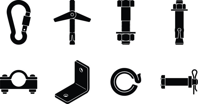 Industrial Fasteners and Mechanical Hardware Icons Set with Carabiner Bolts Anchors Brackets and Retaining Ring
