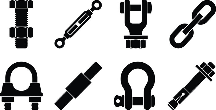 Industrial Fasteners and Rigging Hardware Icons Set with Bolts Turnbuckles Shackles and Chain Links