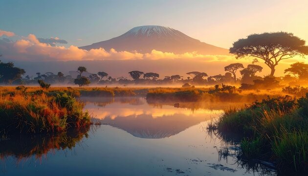 Serene African savanna landscape with Mount Kilimanjaro at sunrise.