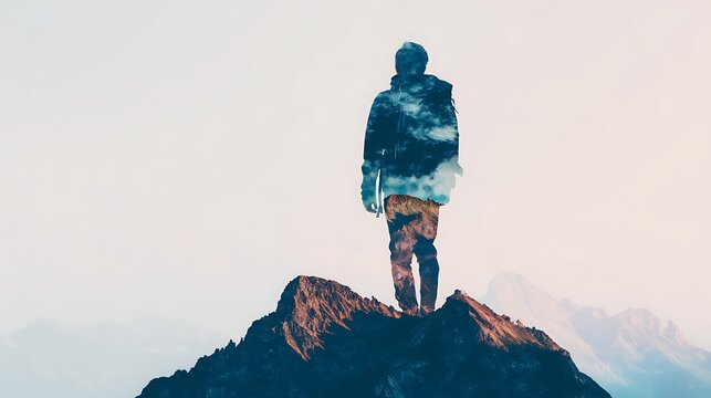 A person standing on a mountain peak with a double exposure effect blending the figure with a forest and sky scene.