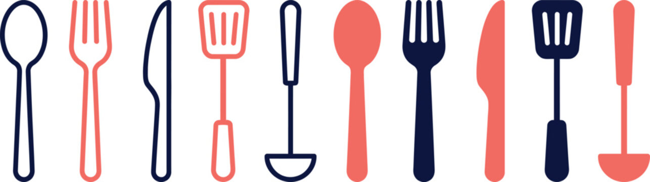 Kitchen Cutlery and Utensils Icon Set, Vector Icon Collection of Spoon, Fork, Knife, Spatula, and Ladle