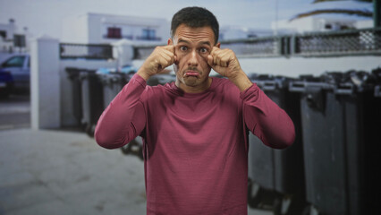Fototapeta premium Man rubs eyes with fingers and pouts in a maroon shirt on a street beside dumpsters and bins; tired solitude.