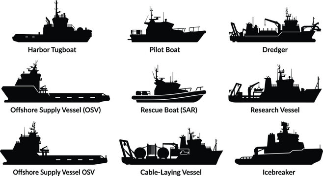Specialized Marine Vessel Silhouette Collection Featuring Tugboat Pilot Boat Research Icebreaker and Offshore Support Ships