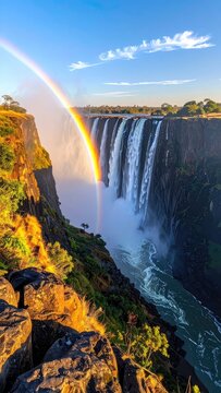 A breathtaking rainbow arches over Victoria Falls
