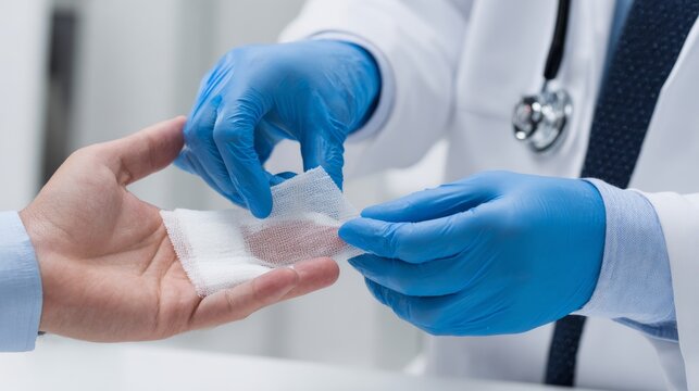 Medical doctor wearing white coat blue gloves applying gauze bandage to patient hand during healthcare procedure, with stethoscope clean clinical environment showing professional treatment and care.