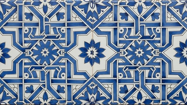 Blue geometric pattern with white stars and architectural columns