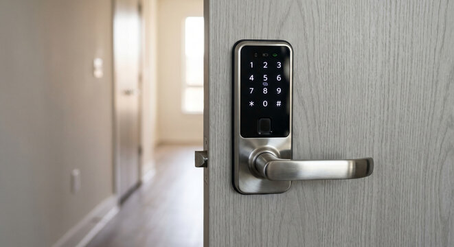 Electronic keypad door lock on a light interior door with hallway background for residential smart access inspection in a modern residence