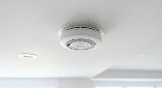 Smoke detector mounted on a modern white ceiling with recessed lights for residential safety inspection detail in a modern residence