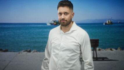 Fototapeta premium Man with beard in a white shirt leaning, hands on hips, gaze to camera on a street by the sea with bench and boats; confidence leisure.