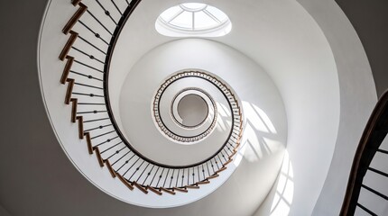 Fototapeta premium Spiral staircase from above — minimal white walls, shadow geometry, natural light