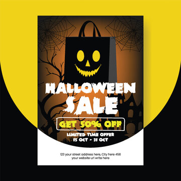 Halloween sale poster brochure cover with sacry shopping bag character and haunted house background for retail marketing ads and printable flyer templates with spooky night sky and spider webs