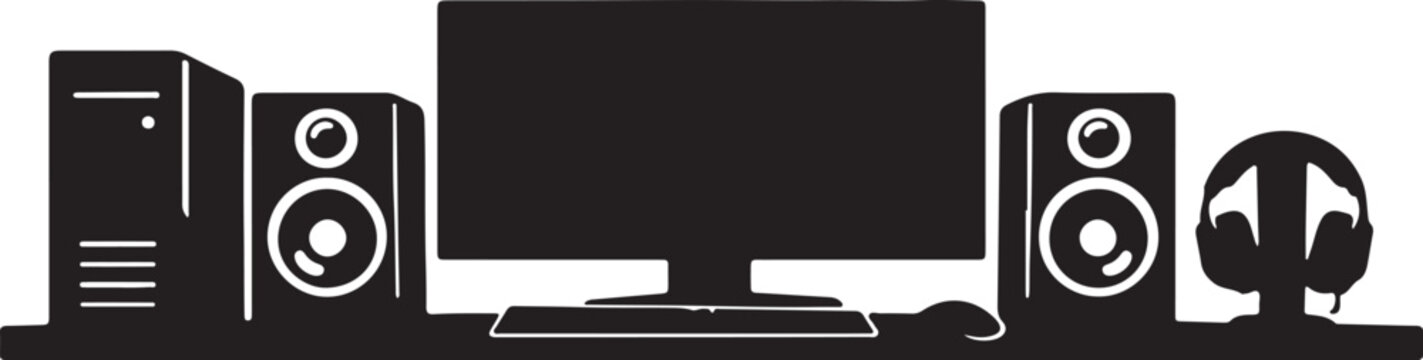 silhouette of PC setup with central monitor and side speakers