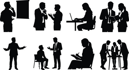 Fototapeta premium Corporate silhouettes of office workers collaborating, presenting, and working on laptops in professional business scenes