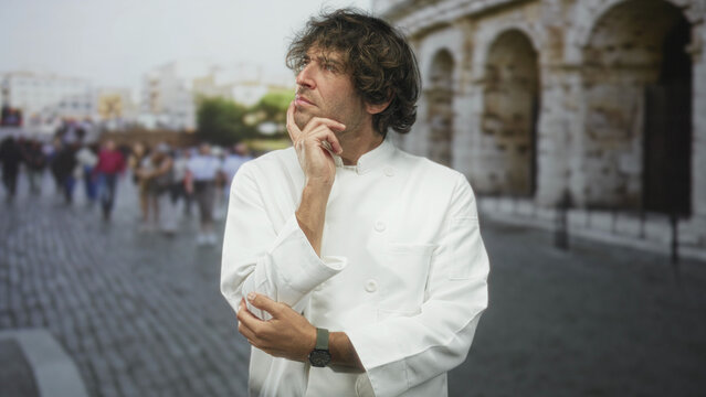 Man chef in white uniform with hand on chin in thinking pose on historic cobblestone street near ancient arches; thoughtful creativity.