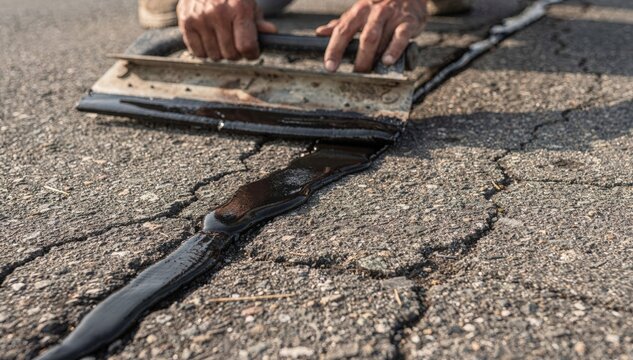 Focused medium shot capturing the smooth spreading of black crack filler using a squeegee highlighting the textured surface contrast between filled cracks and aged asphalt.
