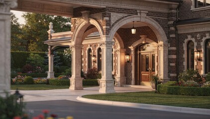 Obraz premium Detailed medium shot of a traditional clubhouse entrance with rich brickwork and curved archways the portecochere softly blurred against a manicured garden backdrop.