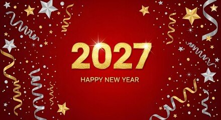 Naklejka premium Happy new year 2027 greeting card with gold numbers and festive streamers on a dark red background