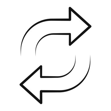 Two opposing curved arrows form a swap and exchange icon. Outline sync symbol suits refresh, transfer, and rotation interface design. Minimal black vector graphic ideal for web, app, and technology