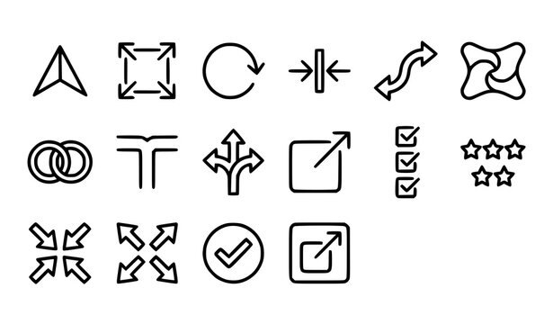 Minimalist arrow and interface line icon set on grid background