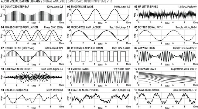 Waveforms representing various audio signals are organized in a technical dashboard grid for engineering analysis.