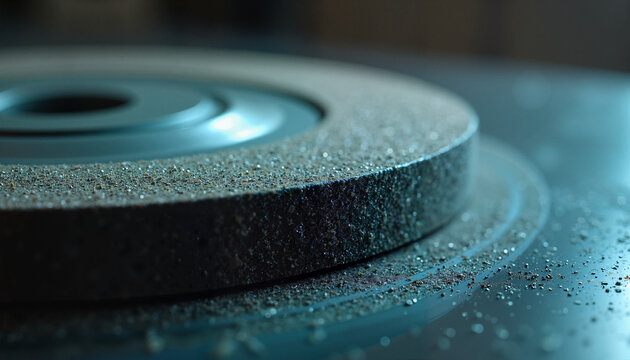 Close-up view of grinding disc on surface showing fine particles and texture, precision engineering equipment in use.