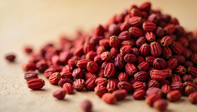 Pile of red annatto seeds on wooden surface showcasing their vibrant color and unique texture. Red annatto seeds enhance various dishes with natural coloring and flavor.