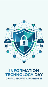 Minimalist 2D flat vector illustration of cybersecurity protection with a shield, abstract network nodes, and secure data connections, clean geometric design, Information Technology Day concept