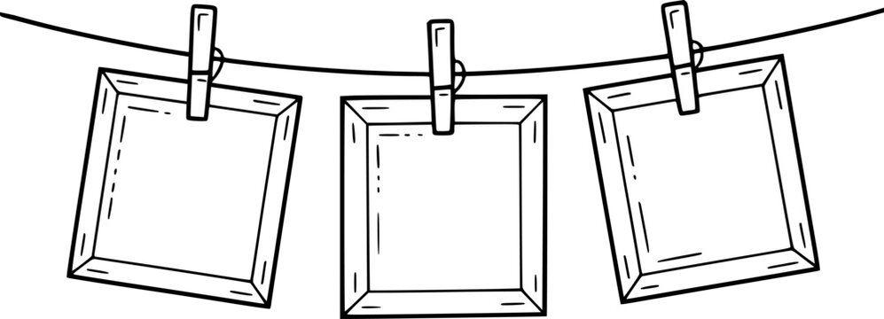 Three blank square frames hanging on a clothesline with wooden clips in a simple black and white line style