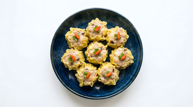 Eight pieces of Cantonese steamed pork siu mai or snack resembling dim sums, taken in high angle served on blue plate against white background. Dumplings, healthy food, Asian cuisine, cultural ideas