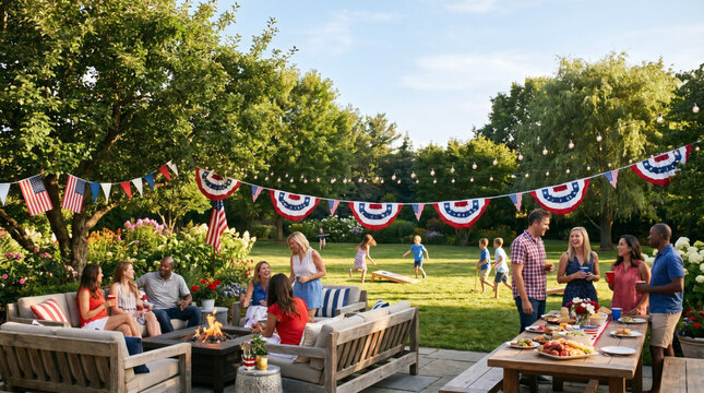 Lively backyard party on 4th of July with friends and family enjoying outdoor games and food