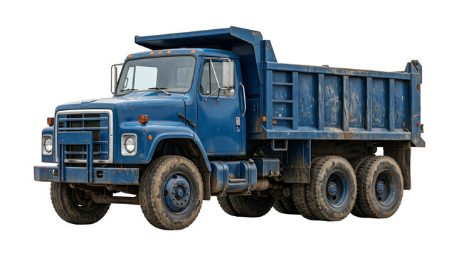 Blue heavy duty dump truck isolated on transparent background used for construction and industrial work.