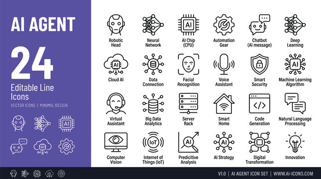Artificial intelligence agent icon collection showcases various technological symbols for digital transformation and smart automation applications.