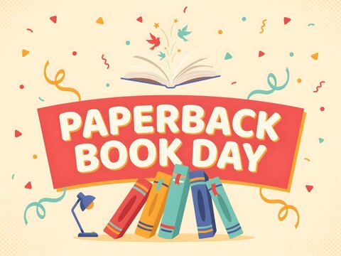 Colorful celebration illustration for paperback book day with books and confetti