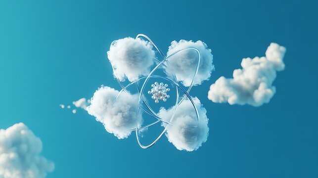 3D rendering of atom cloud formation in blue sky