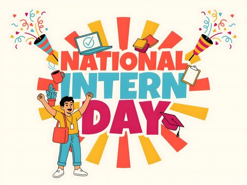 Colorful national intern day celebration with diverse people