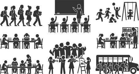 Students in classroom activities with teacher and playground and school bus for educational school life icons © PIXAVIVE